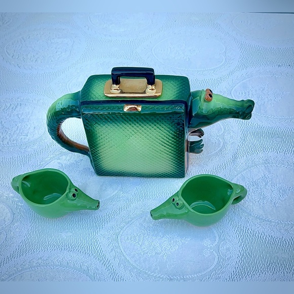 John Groth Studio Green Alligator Reptile Vintage Teapot Set